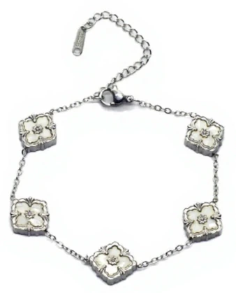 Pulsera tobillera de acero quirurgico dijes trebol blanco nacar 18cm + 5cm